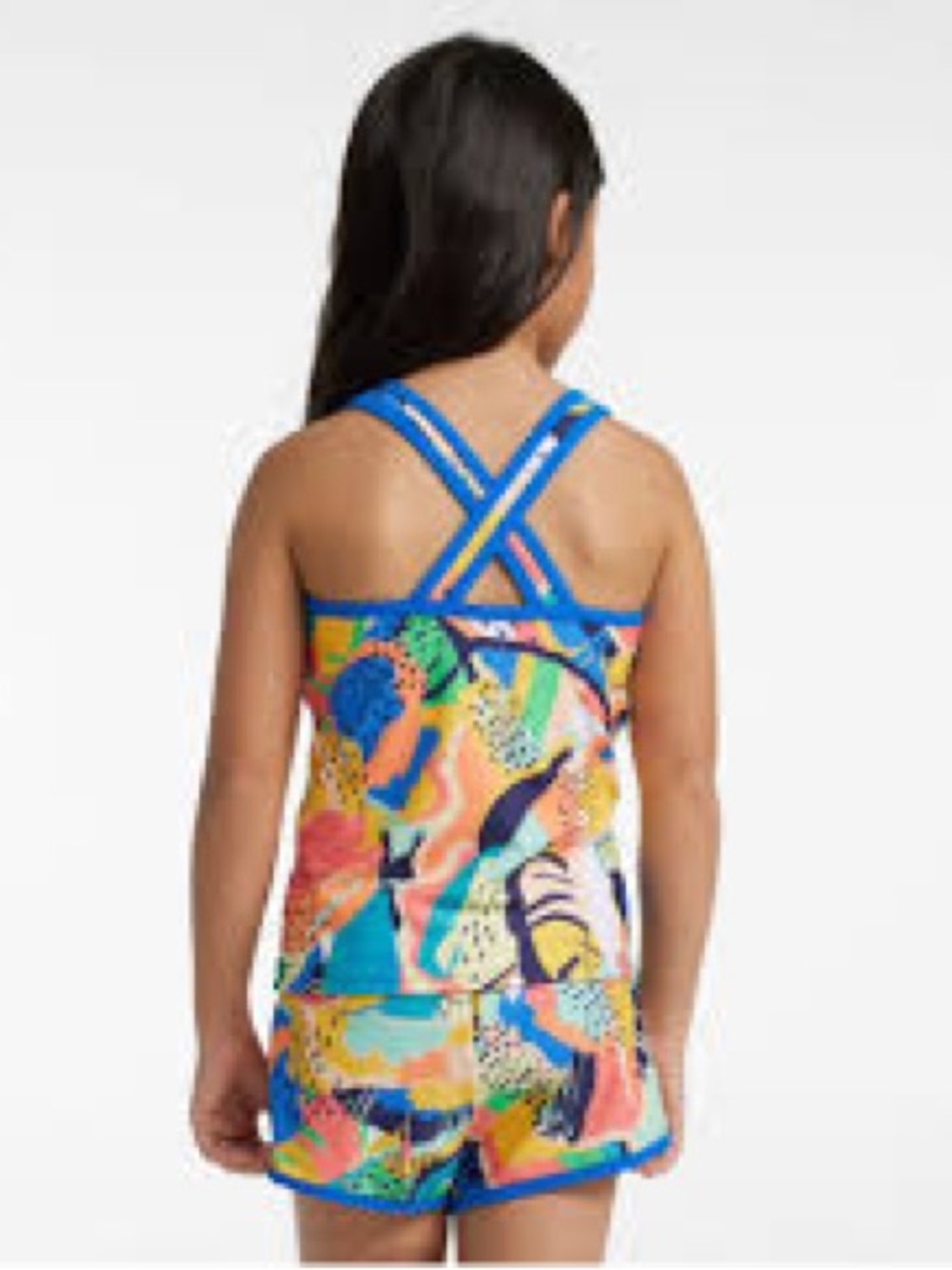 L.L. Bean Girls' Multi-Color Printed Tankini Set with Blue Trim 6/7 NWT